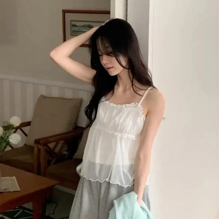 [BUNJANG] Maybe Baby White See-through Frill Bustier Tank Top / 메이비베이비 화이트 시스루 프릴 뷔스티에 나시FREE 가내스라 퍼빗 렌느