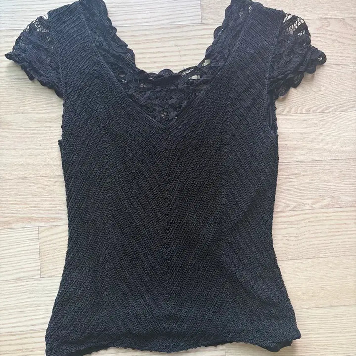 [BUNJANG] Lace Black Knit Short Sleeve T-Shirt / 레이스 블랙 니트 반팔 티셔츠