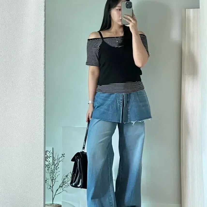 [BUNJANG] Aing Peda Day Vintage Wash Bootcut Wrap Skirt Denim Pants - M Size / 새상품 앙빼더데이 빈티지 워싱 부츠컷 랩스커트 데님팬츠 M사이즈