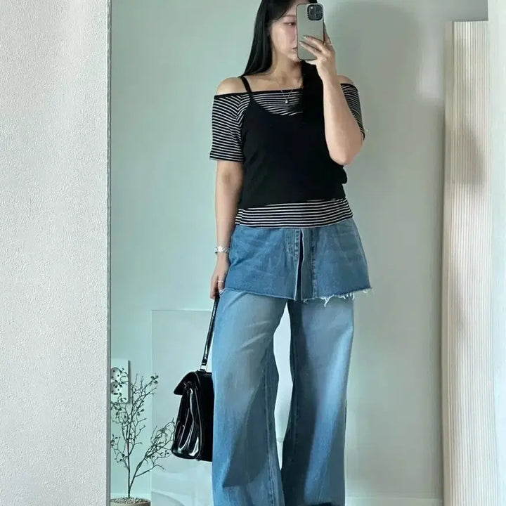 [BUNJANG] Aing Peda Day Vintage Wash Bootcut Wrap Skirt Denim Pants - M Size / 새상품 앙빼더데이 빈티지 워싱 부츠컷 랩스커트 데님팬츠 M사이즈