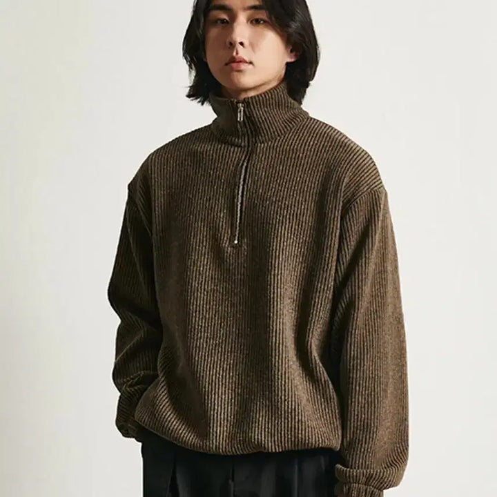 [BUNJANG] Bayer Knit Half Zip-Up Brown Top / 바이엘 니트 하프 집업 브라운