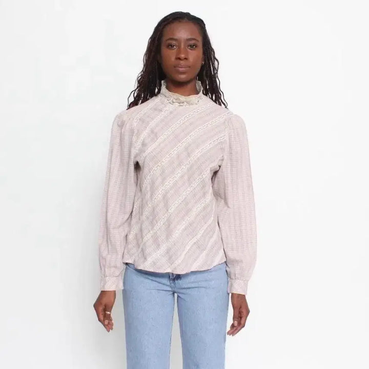 [BUNJANG] Vintage Check Lace Blouse / 빈티지 체크 레이스 블라우스 / 하이넥