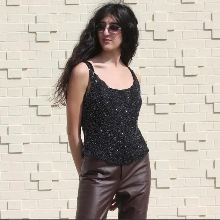 [BUNJANG] Vintage Black Beaded Sleeveless Top / 빈티지 블랙 비즈 슬리브리스 탑