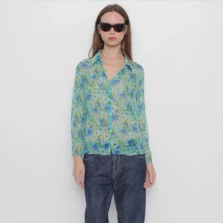 [BUNJANG] Silk Flower See-Through Blouse / 실크 플라워 시스루 셔츠 / 빈티지 블라우스