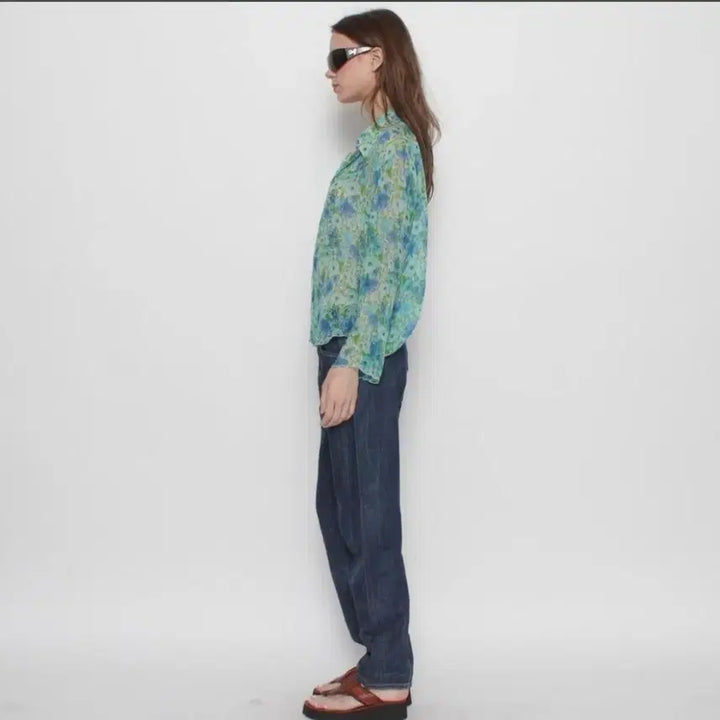 [BUNJANG] Silk Flower See-Through Blouse / 실크 플라워 시스루 셔츠 / 빈티지 블라우스