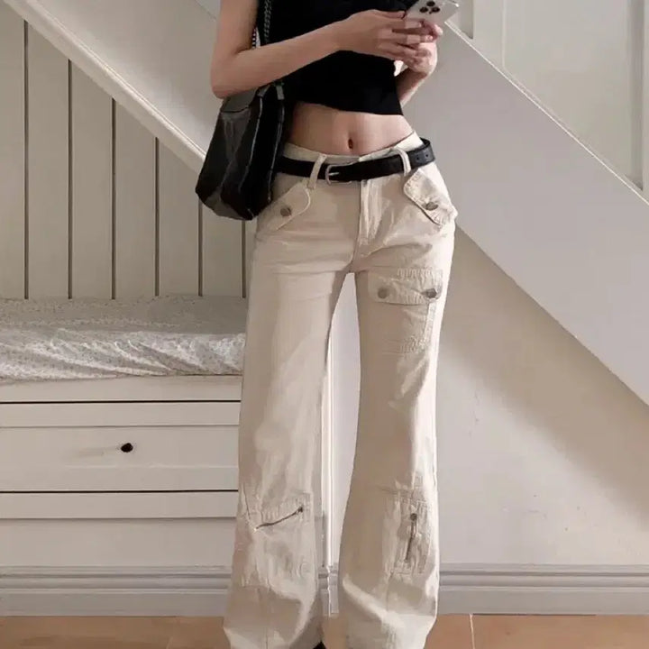 [BUNJANG] Avely Pocket Slit Slim Fit Semi-Bootcut Long Pants / 새상품)에이블리 포켓 절개  카고  슬림핏 세미 부츠컷 롱 팬츠