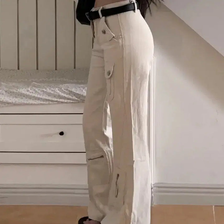 [BUNJANG] Avely Pocket Slit Slim Fit Semi-Bootcut Long Pants / 새상품)에이블리 포켓 절개  카고  슬림핏 세미 부츠컷 롱 팬츠