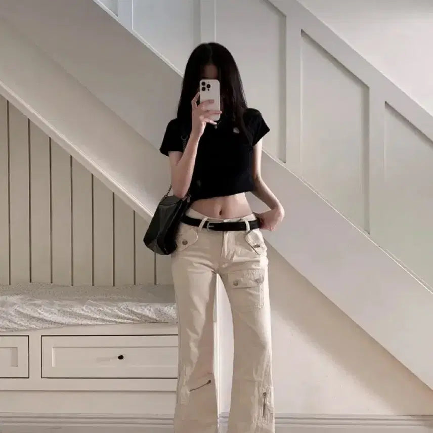 [BUNJANG] Avely Pocket Slit Slim Fit Semi-Bootcut Long Pants / 새상품)에이블리 포켓 절개  카고  슬림핏 세미 부츠컷 롱 팬츠