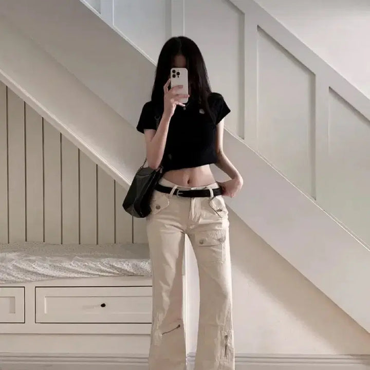 [BUNJANG] Avely Pocket Slit Slim Fit Semi-Bootcut Long Pants / 새상품)에이블리 포켓 절개  카고  슬림핏 세미 부츠컷 롱 팬츠