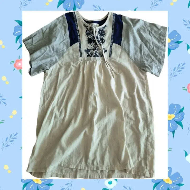 [BUNJANG] Japanese Vintage Linen Blend Tunic Embroidered Blouse / 일본빈티지 린넨 혼방 튜닉 자수 블라우스