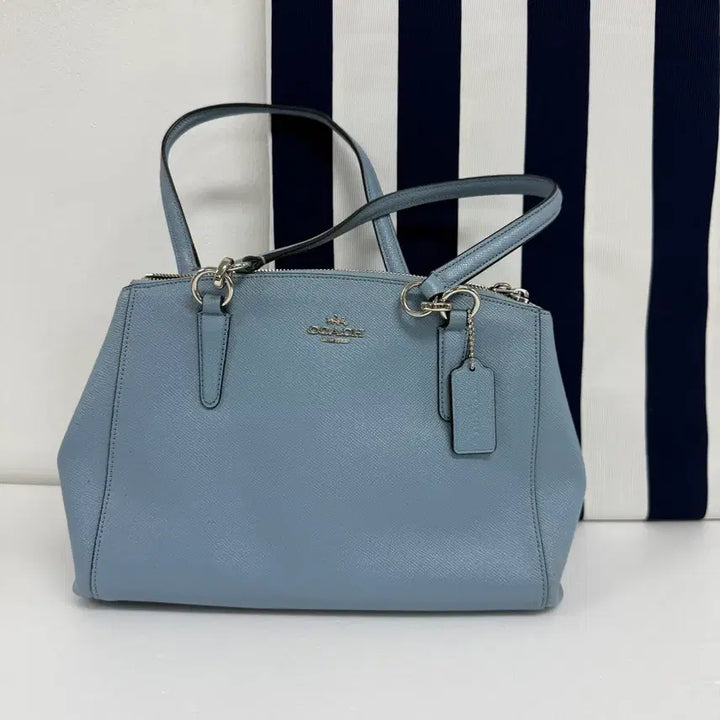 [BUNJANG] Coach Signature Saffiano Leather 2-Way Tote Shoulder Bag Sky Blue Women&