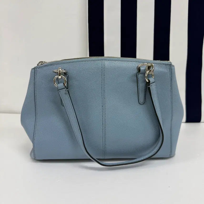 [BUNJANG] Coach Signature Saffiano Leather 2-Way Tote Shoulder Bag Sky Blue Women&