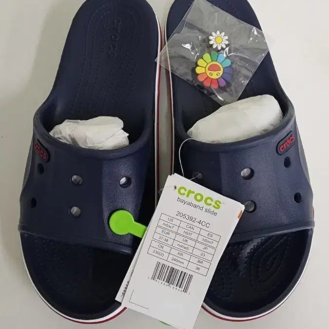[BUNJANG] Crocs Bayaband Slide Navy + Jibbitz / 크록스 바야밴드 슬라이드 네이비 + 지비츠