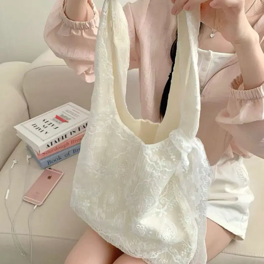 [BUNJANG] Lovely Ribbon Point Lace Eco Bag / 러블리 리본 포인트 레이스 에코백