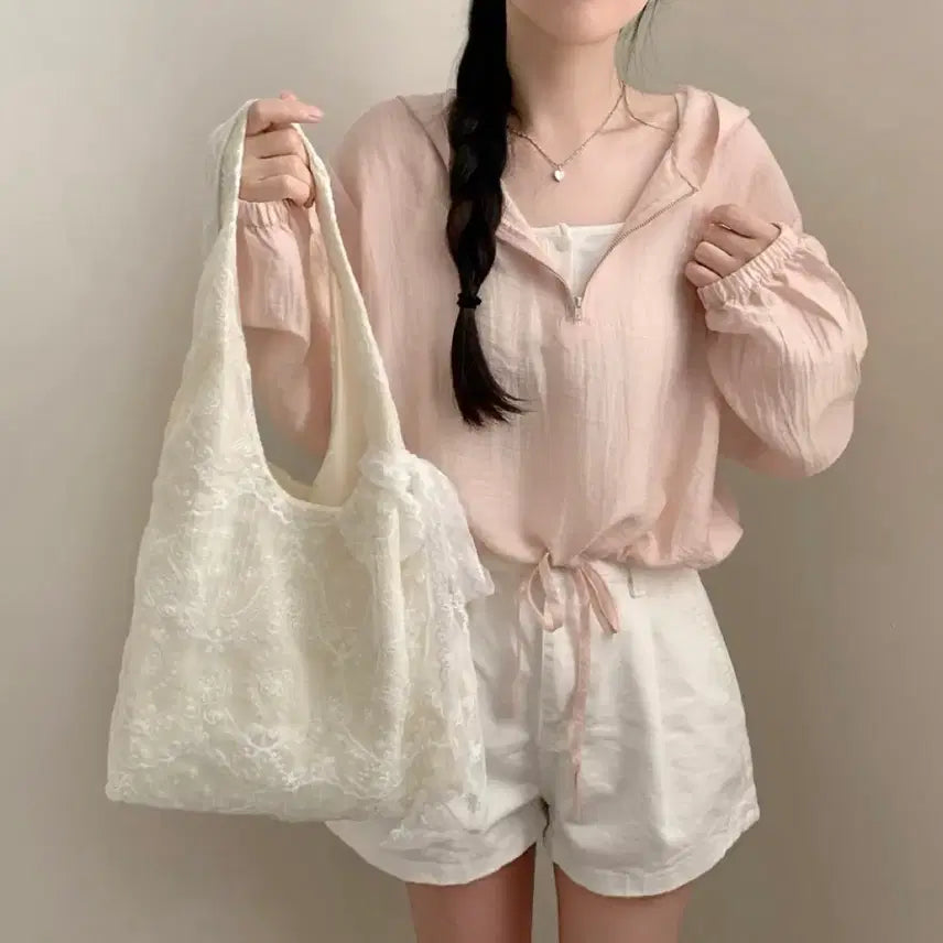 [BUNJANG] Lovely Ribbon Point Lace Eco Bag / 러블리 리본 포인트 레이스 에코백