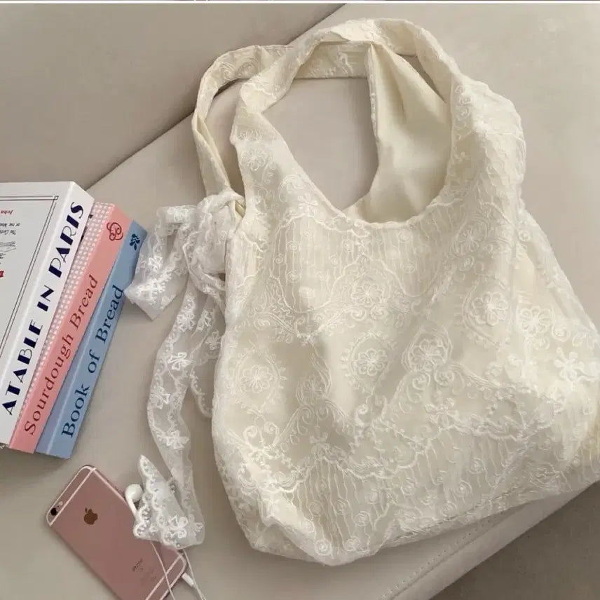 [BUNJANG] Lovely Ribbon Point Lace Eco Bag / 러블리 리본 포인트 레이스 에코백