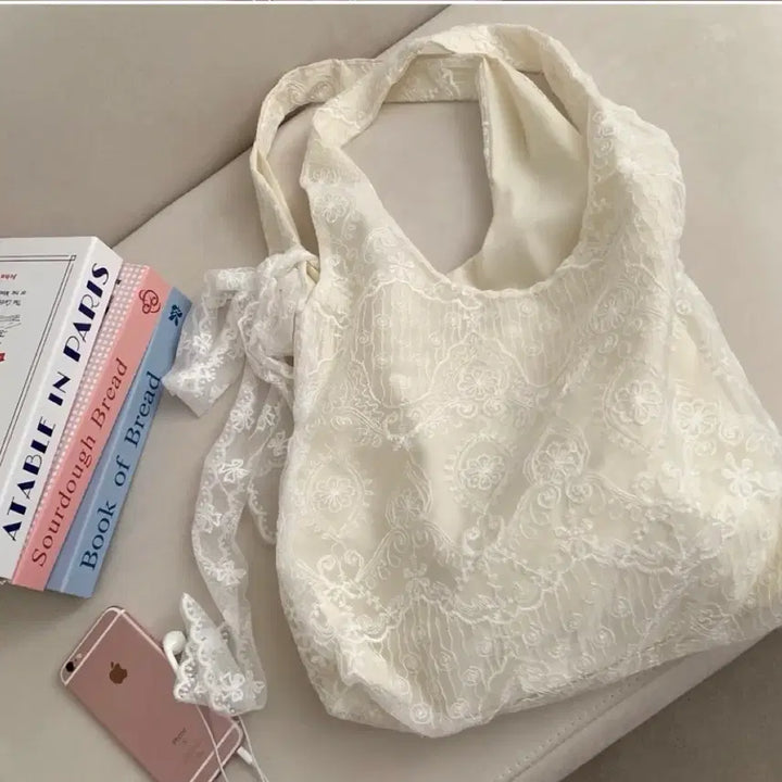 [BUNJANG] Lovely Ribbon Point Lace Eco Bag / 러블리 리본 포인트 레이스 에코백
