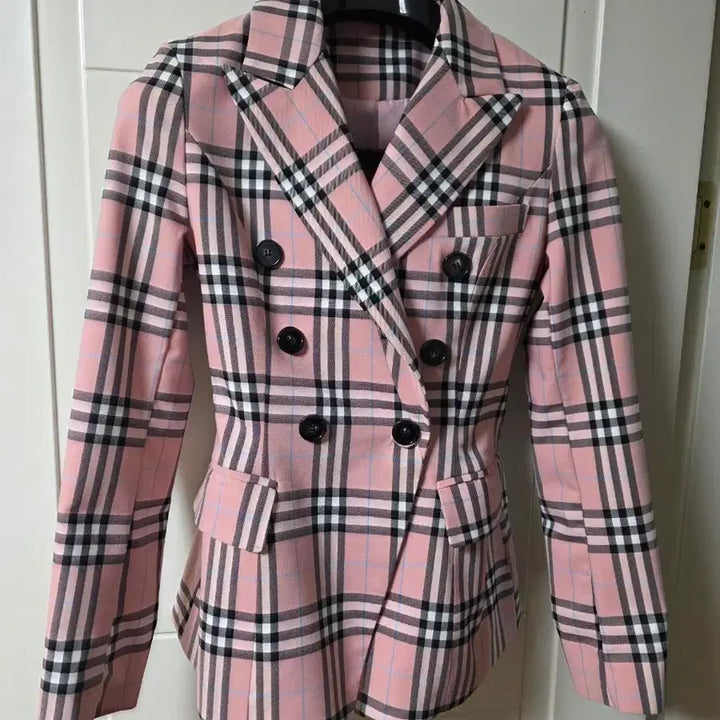[BUNJANG] Pink Check Double-Button Jacket / 핑크 체크 더블버튼 자켓