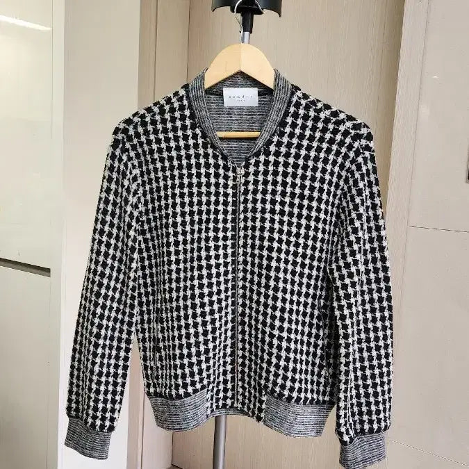 [BUNJANG] Sandro Houndstooth Wool Blend Knit Blouson Jacket / 산드로 하운드투스 울 블렌드 니트 블루종 재킷