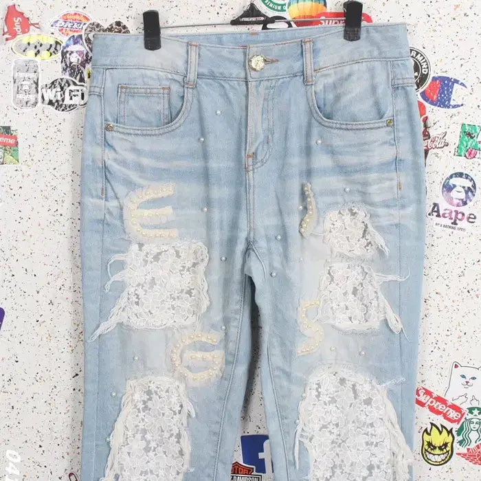 [BUNJANG] Egoist Patch Lace Color Block Washed Light Blue Pants BL / 여성M / 에고이스트 패치 레이스배색 워싱 연청팬츠BL 3-96