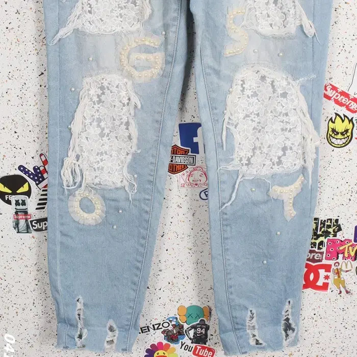 [BUNJANG] Egoist Patch Lace Color Block Washed Light Blue Pants BL / 여성M / 에고이스트 패치 레이스배색 워싱 연청팬츠BL 3-96
