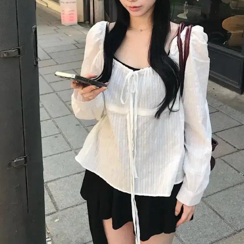 [BUNJANG] Lovely Shirring Ribbon Blouse (Ivory) / (새상품) 청순 러블리 셔링 리본 블라우스 (아이보리)
