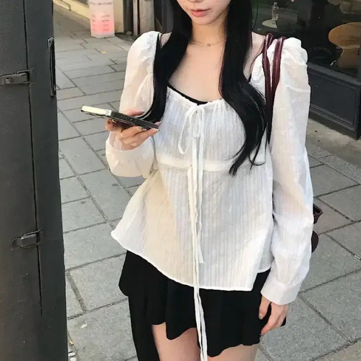 [BUNJANG] Lovely Shirring Ribbon Blouse (Ivory) / (새상품) 청순 러블리 셔링 리본 블라우스 (아이보리)