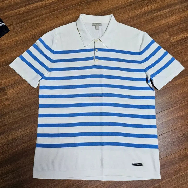 [BUNJANG] Burberry White/Blue Stripe Short Sleeve Polo T-Shirt / 버버리 화이트/블루 스트라이프 반팔 카라 티셔츠