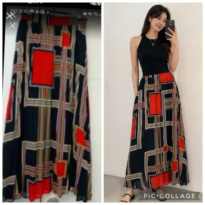 [BUNJANG] Patterned Long Skirt Red/Black / 패턴 롱 스커트 레드/블랙