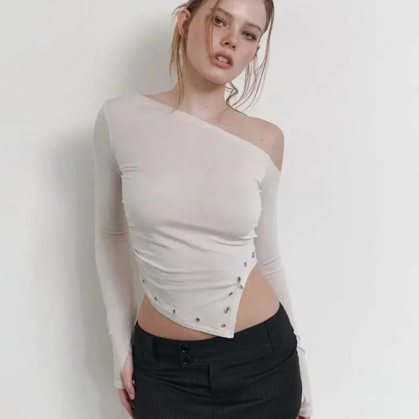 [BUNJANG] Plonopal Remy Top Beige Shirring Long Sleeve / (새상품) 플노팔 레미탑 베이지 레미 언발 셔링 롱슬리브
