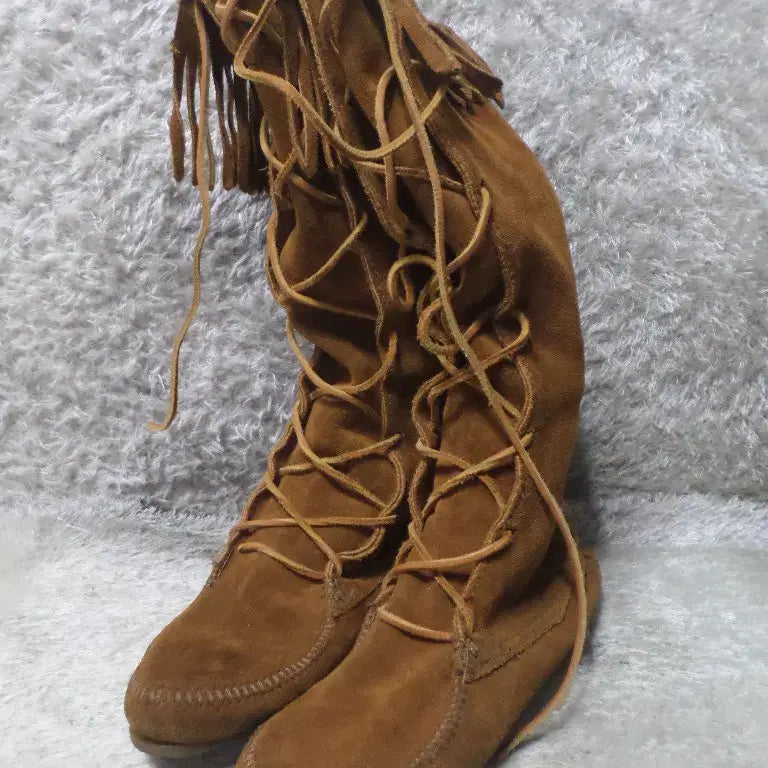 [BUNJANG] Minnetonka Lace-Up Fringe Suede Boots / 후루룩구제 240 미네통카 레이스업 프린지 스웨이드 롱부츠 중고 신발