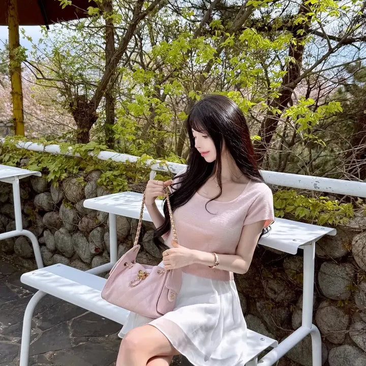 [BUNJANG] MAYOON Baby Pink Short Sleeve Knit Top / 메이윤 군살삭제핏 반팔니트 베이비핑크 새상품