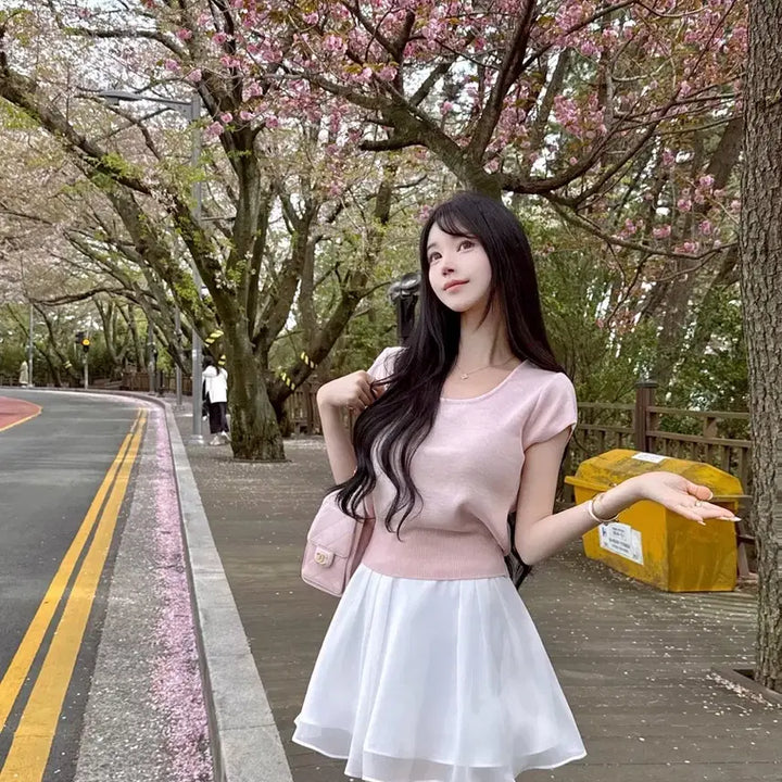 [BUNJANG] MAYOON Baby Pink Short Sleeve Knit Top / 메이윤 군살삭제핏 반팔니트 베이비핑크 새상품