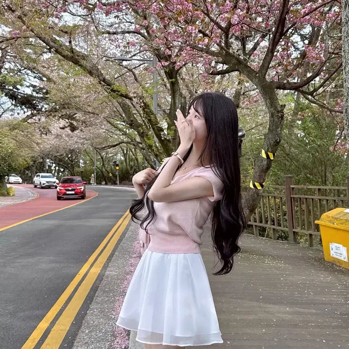 [BUNJANG] MAYOON Baby Pink Short Sleeve Knit Top / 메이윤 군살삭제핏 반팔니트 베이비핑크 새상품