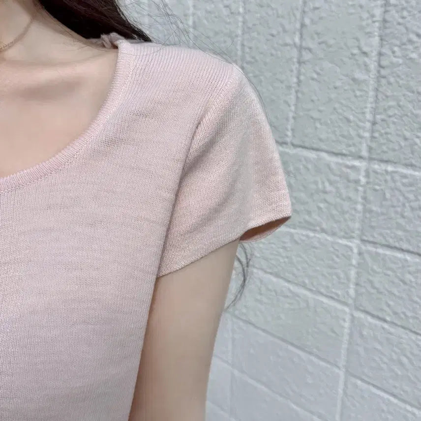 [BUNJANG] MAYOON Baby Pink Short Sleeve Knit Top / 메이윤 군살삭제핏 반팔니트 베이비핑크 새상품