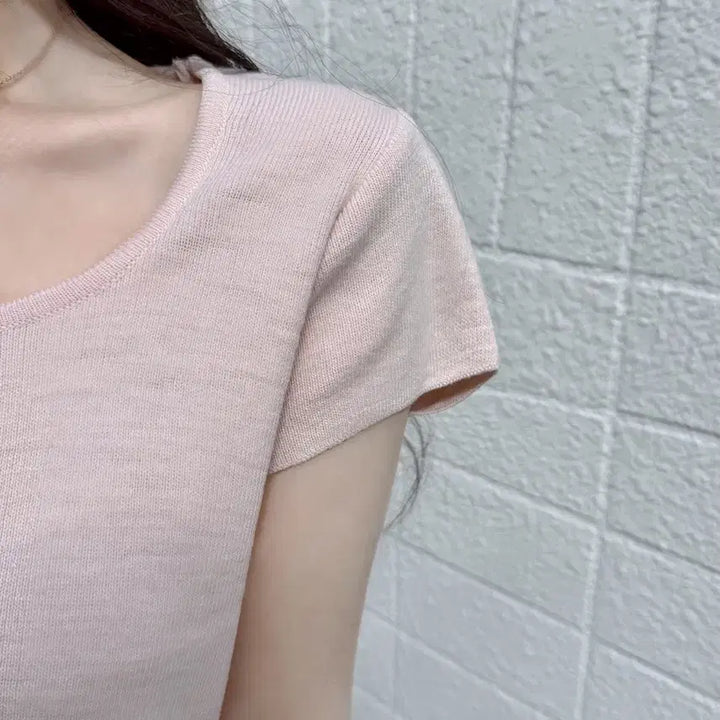 [BUNJANG] MAYOON Baby Pink Short Sleeve Knit Top / 메이윤 군살삭제핏 반팔니트 베이비핑크 새상품