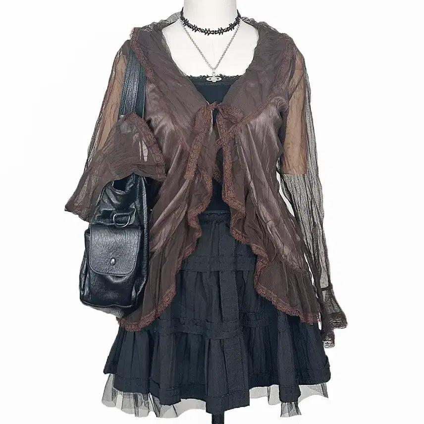[BUNJANG] Vintage Shiffon Ruffle Lace Ribbon See-Through Jacket Cardigan / 일본빈티지 쉬폰망사셔링 레이스리본시스루자켓가디건모리걸하구미룩갸루y2k히피