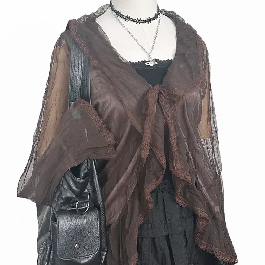 [BUNJANG] Vintage Shiffon Ruffle Lace Ribbon See-Through Jacket Cardigan / 일본빈티지 쉬폰망사셔링 레이스리본시스루자켓가디건모리걸하구미룩갸루y2k히피