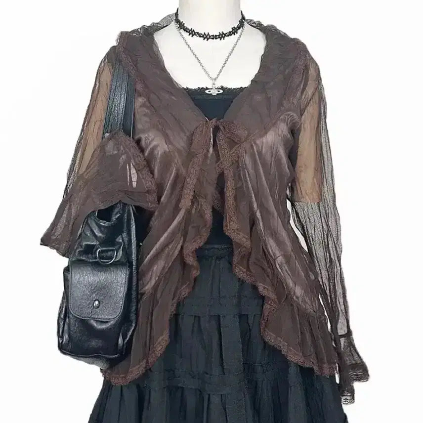 [BUNJANG] Vintage Shiffon Ruffle Lace Ribbon See-Through Jacket Cardigan / 일본빈티지 쉬폰망사셔링 레이스리본시스루자켓가디건모리걸하구미룩갸루y2k히피