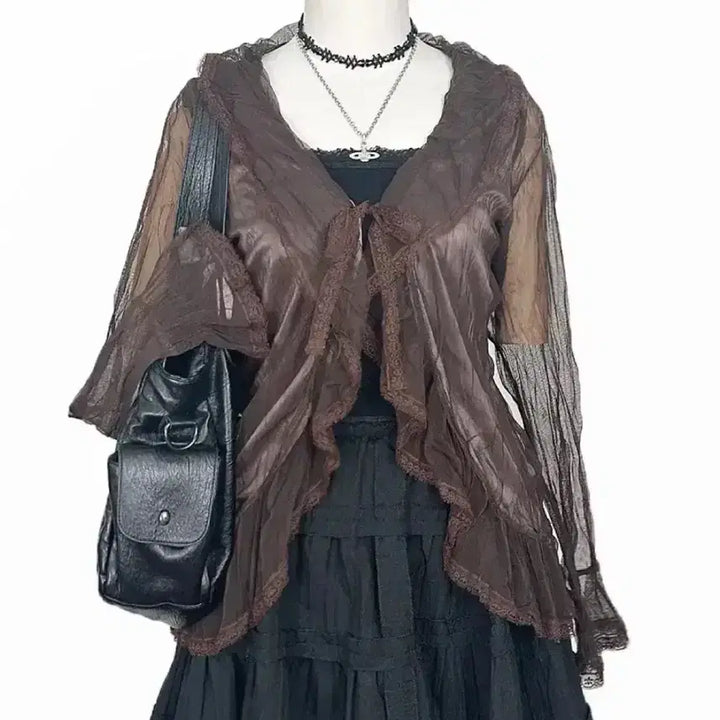 [BUNJANG] Vintage Shiffon Ruffle Lace Ribbon See-Through Jacket Cardigan / 일본빈티지 쉬폰망사셔링 레이스리본시스루자켓가디건모리걸하구미룩갸루y2k히피