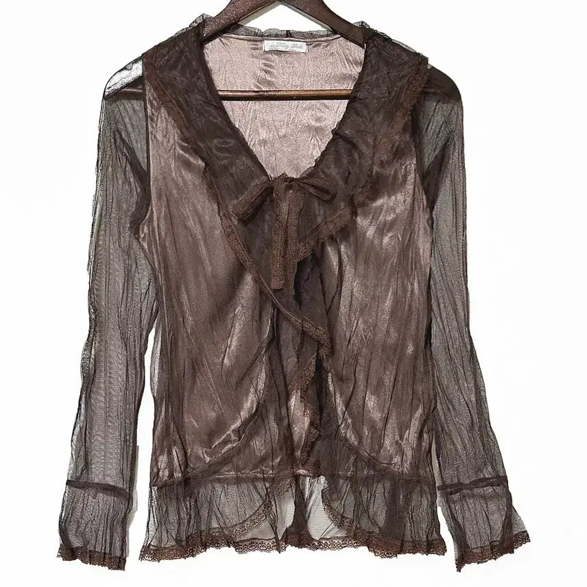[BUNJANG] Vintage Shiffon Ruffle Lace Ribbon See-Through Jacket Cardigan / 일본빈티지 쉬폰망사셔링 레이스리본시스루자켓가디건모리걸하구미룩갸루y2k히피