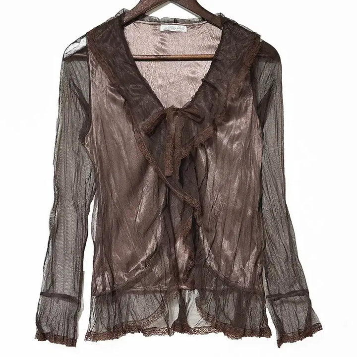 [BUNJANG] Vintage Shiffon Ruffle Lace Ribbon See-Through Jacket Cardigan / 일본빈티지 쉬폰망사셔링 레이스리본시스루자켓가디건모리걸하구미룩갸루y2k히피
