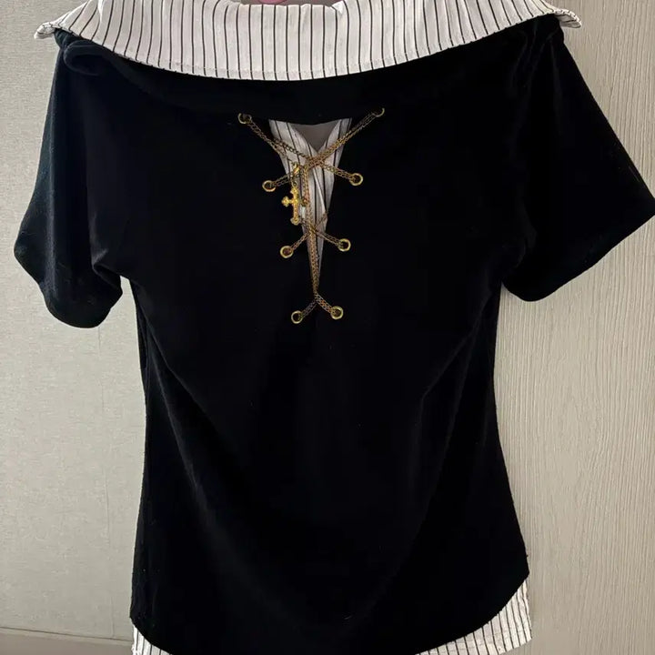 [BUNJANG] Gikchic Stripe Layered Short Sleeve Shirt / 긱시크 오네갸루 스트라이프 레이어드 반팔 셔츠