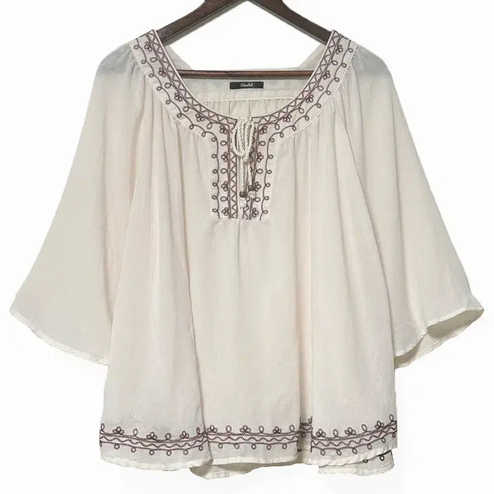 [BUNJANG] Japanese Vintage Embroidered Ribbon A-Line Blouse / 일본빈티지 자수리본끈 A라인얇은셔츠블라우스티 모리걸하구미룩갸루y2k 히피
