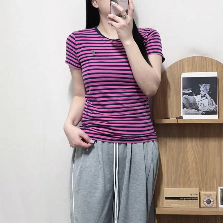 [BUNJANG] Polo Ralph Lauren Green Pony Striped T-shirt / [정품] 폴로 플럼네이비 / 그린포니 단가라 반팔티 [ M ]