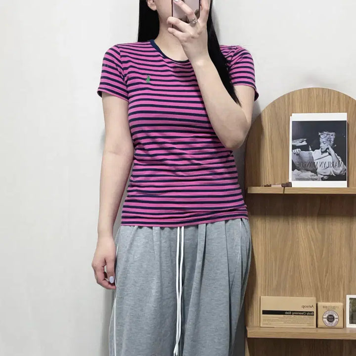 [BUNJANG] Polo Ralph Lauren Green Pony Striped T-shirt / [정품] 폴로 플럼네이비 / 그린포니 단가라 반팔티 [ M ]