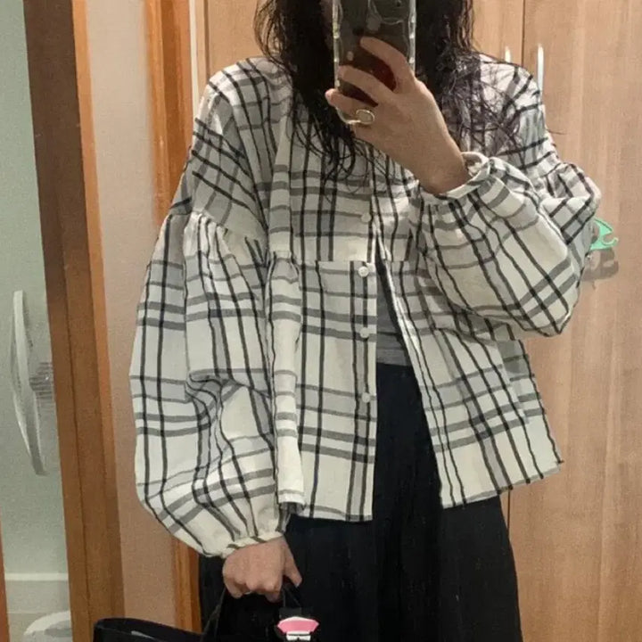 [BUNJANG] Jeju Geukkkoch Check Linen Blouse / 제주 그꽃 체크 린넨 블라우스