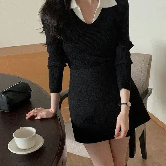 [BUNJANG] Benito Layering Knit Shirt Black / 베니토 셔츠 레이어링 골지니트 블랙