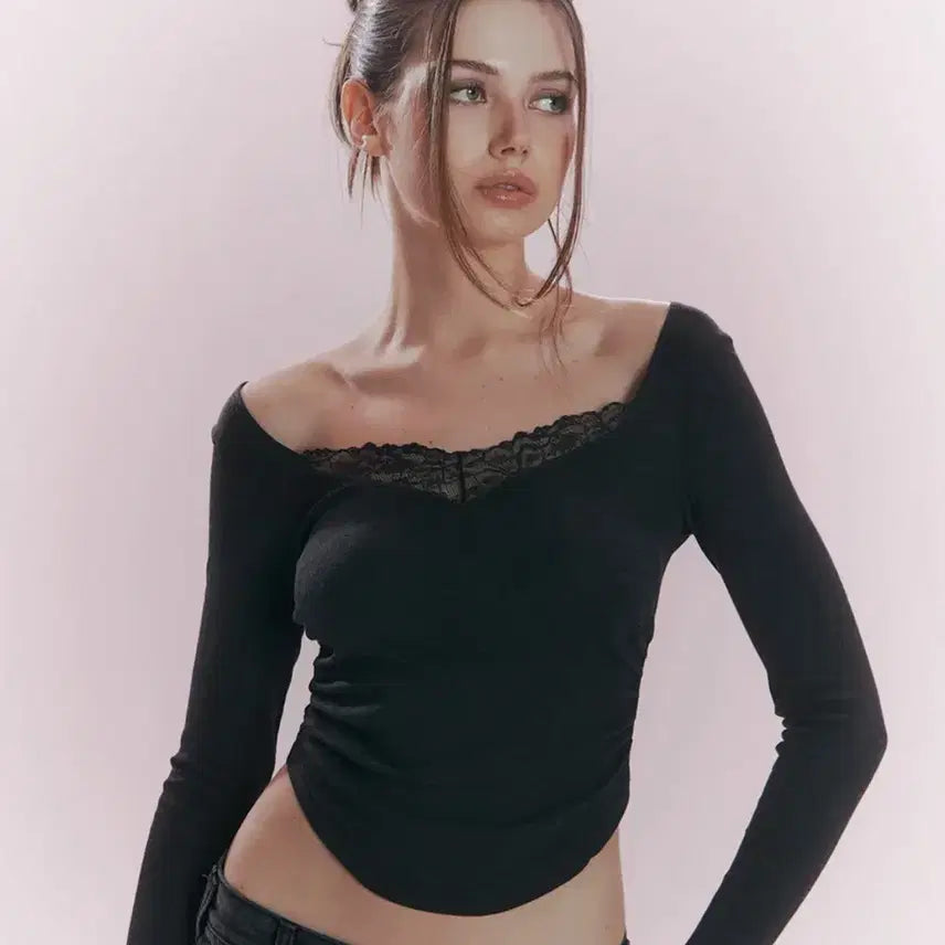 [BUNJANG] Please No Follow Vera Lace Long Sleeve Top / 플리즈노팔로우 베라 레이스 셔링 롱 슬리브 탑 딥 차콜 vera lace