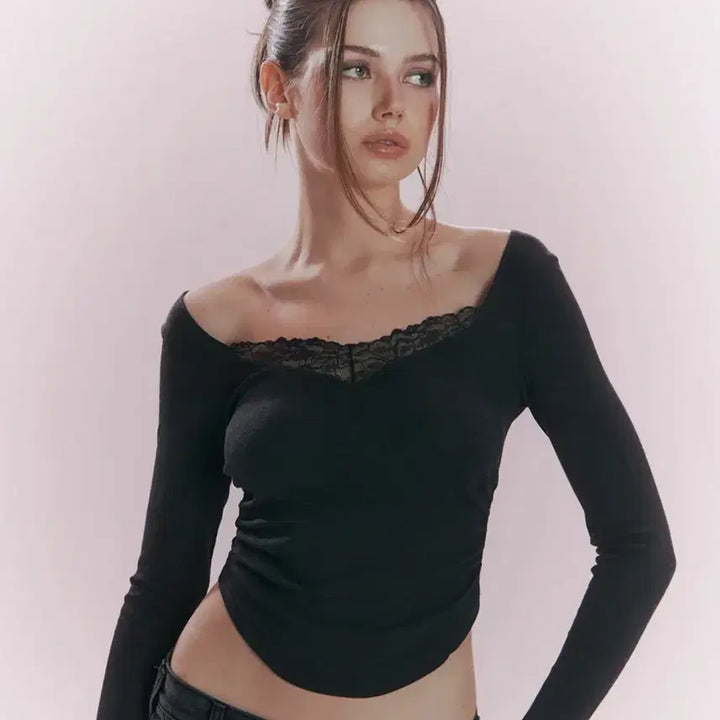 [BUNJANG] Please No Follow Vera Lace Long Sleeve Top / 플리즈노팔로우 베라 레이스 셔링 롱 슬리브 탑 딥 차콜 vera lace